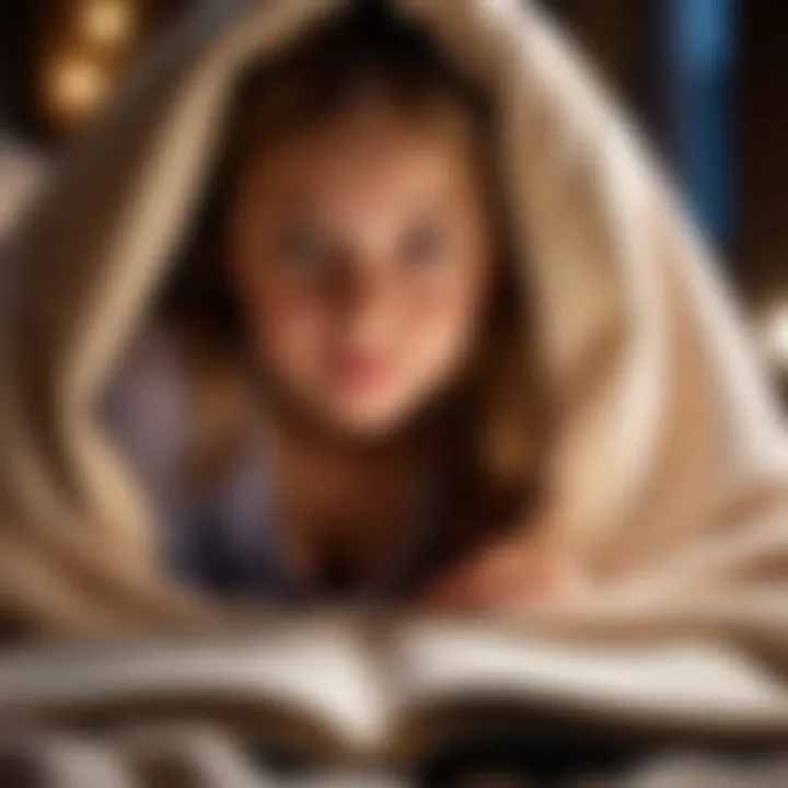 A cozy scene of a young girl reading a bedtime story under a blanket