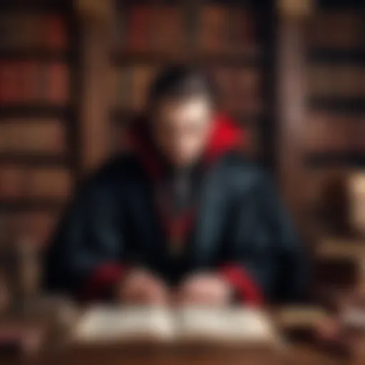 An artistic representation of a vampire scholar immersed in ancient texts, symbolizing the blend of fantasy and academia.