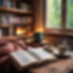 An inviting reading nook with an open book and a steaming cup of tea
