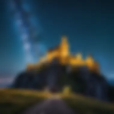 A hero standing in front of a majestic castle under a starry sky