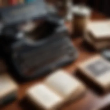 A close-up of an old typewriter surrounded by classic detective novels