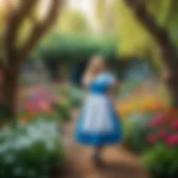 A whimsical depiction of Alice in a fantastical garden