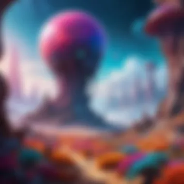 Immersive Alien Worlds in Space Fantasy An illustration of an alien landscape filled with vibrant colors and unusual creatures