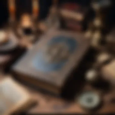 Ancient Tome of Dark Lore An ancient, weathered book surrounded by mystical artifacts.