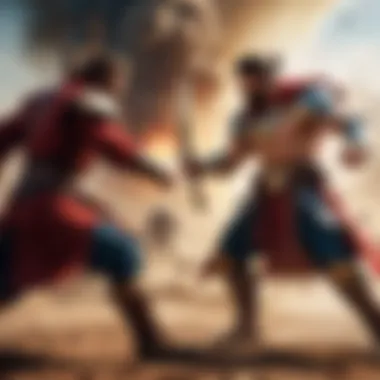 An illustration of a key battle between the protagonist and a formidable foe, highlighting dynamic action and intense emotions.