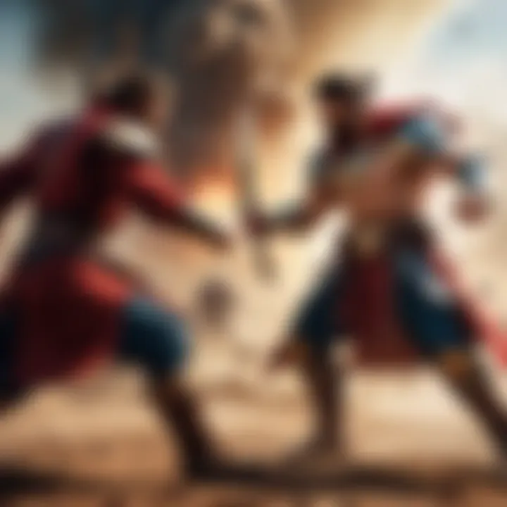 An illustration of a key battle between the protagonist and a formidable foe, highlighting dynamic action and intense emotions.