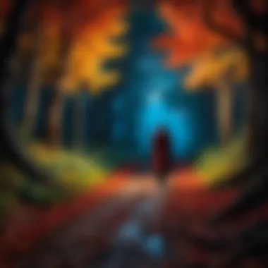 A captivating scene depicting the protagonist's journey through a dark realm, showcasing vivid colors and intricate details.