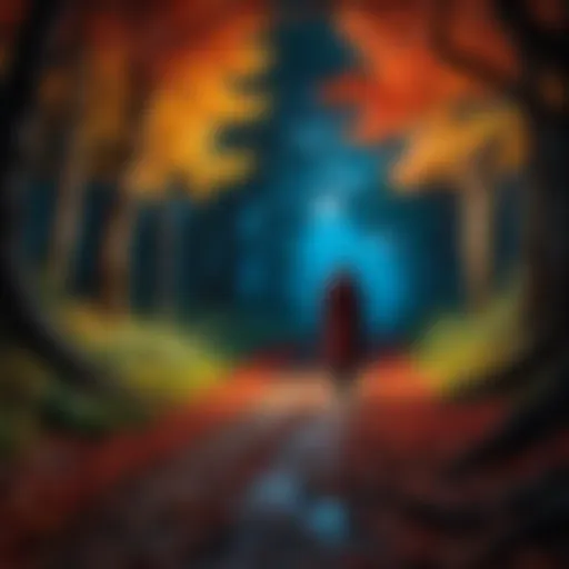 A captivating scene depicting the protagonist's journey through a dark realm, showcasing vivid colors and intricate details.