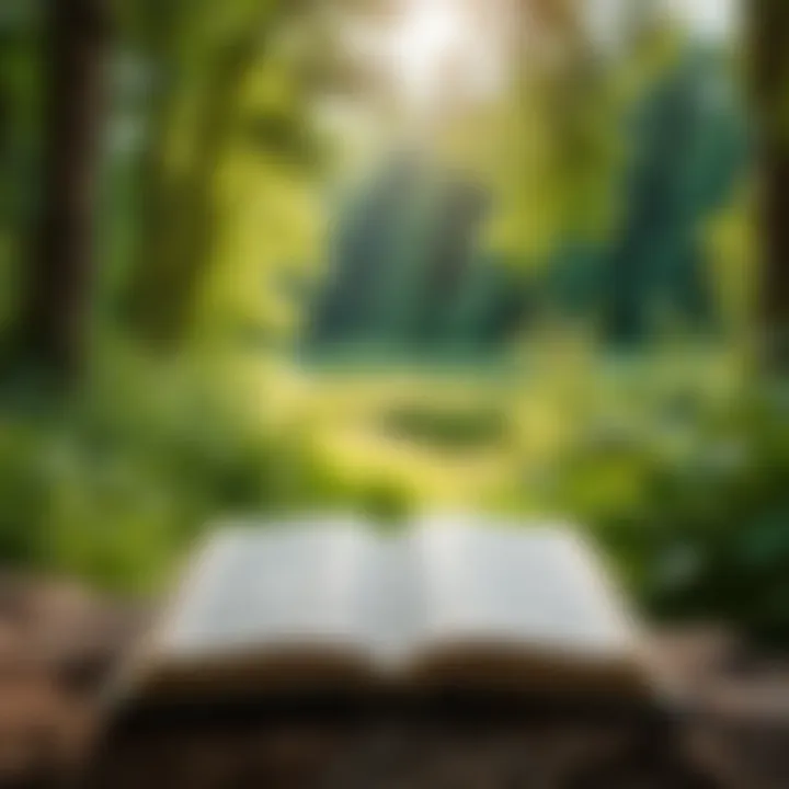 An open book surrounded by nature