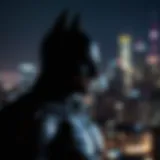 The dark silhouette of Batman overlooking Gotham City at night