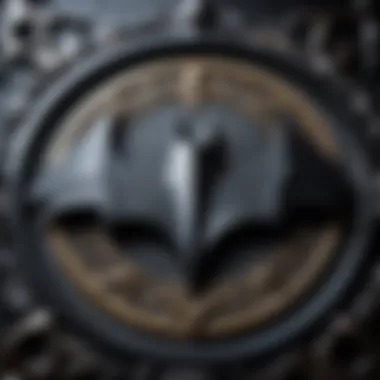 A close-up of the Batman symbol, intricately designed with gothic elements