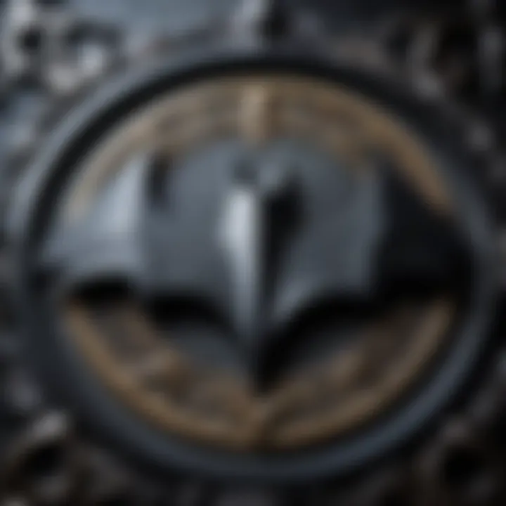 A close-up of the Batman symbol, intricately designed with gothic elements