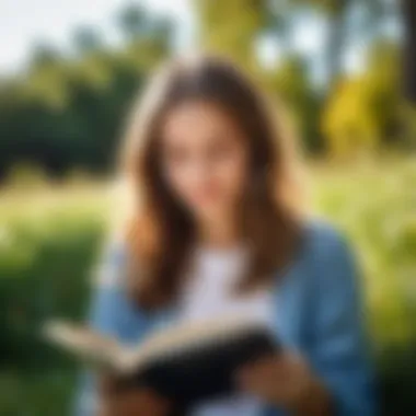 A thoughtful girl immersed in reading a book outdoors