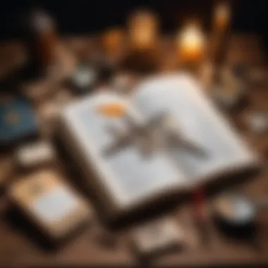 The Intersection of Literature and Survival Strategy An open book surrounded by symbolic artifacts of survival