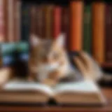 A cozy scene of a cat nestled among classic literature books