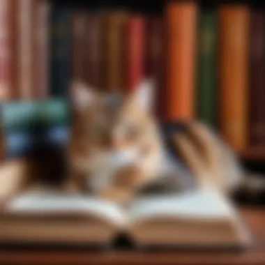 A cozy scene of a cat nestled among classic literature books