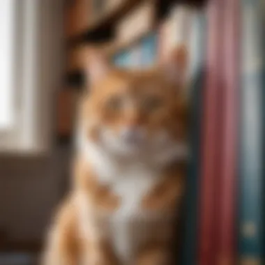 A thoughtful cat gazing at a bookshelf filled with novels