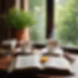 A serene reading nook with an open book and a steaming cup of tea