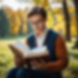 A person engrossed in reading a classic book with a serene backdrop