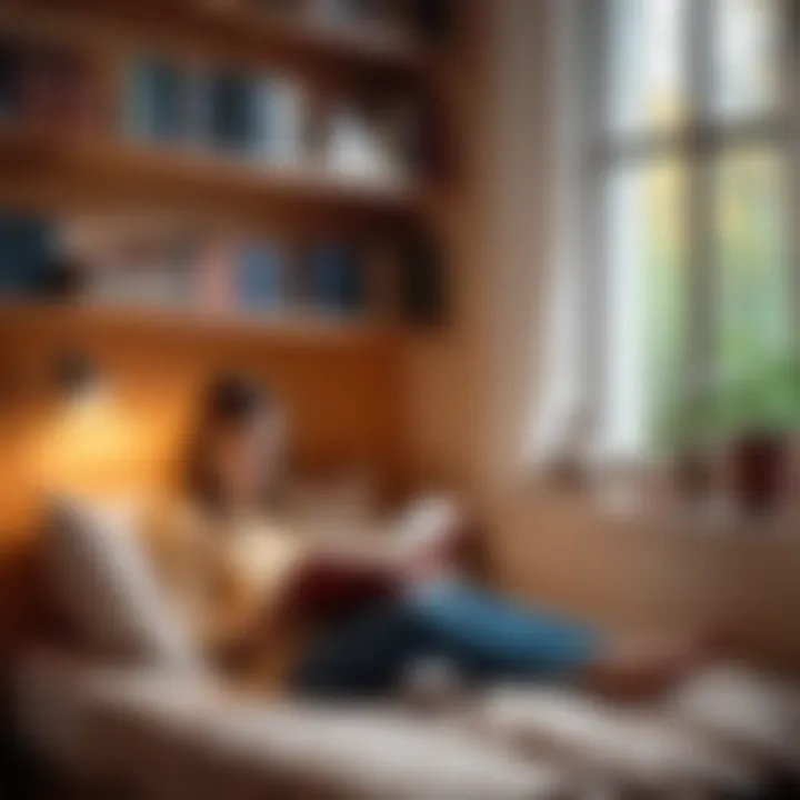 A cozy reading nook filled with books and a young girl immersed in reading