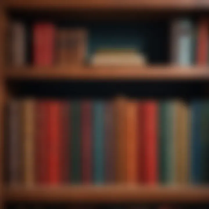 Books arranged on a shelf with a diary