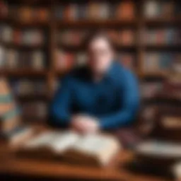 Brandon Sanderson in a contemplative pose surrounded by his books