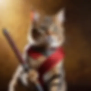 An artistic representation of a cat with a sword, symbolizing bravery and valor.