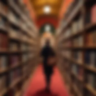 Person browsing through a bookshop filled with fantasy literature