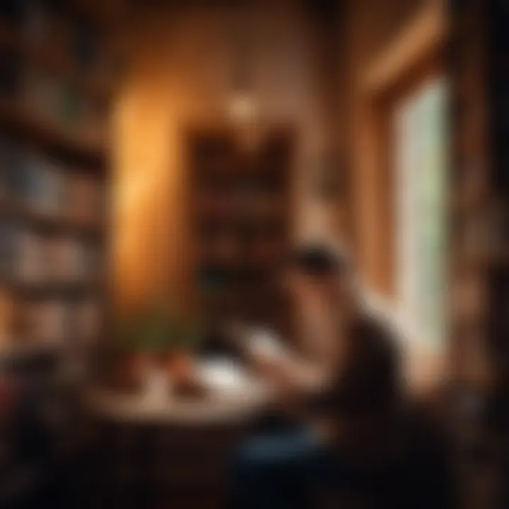 A person reading a fantasy novel in a cozy corner.