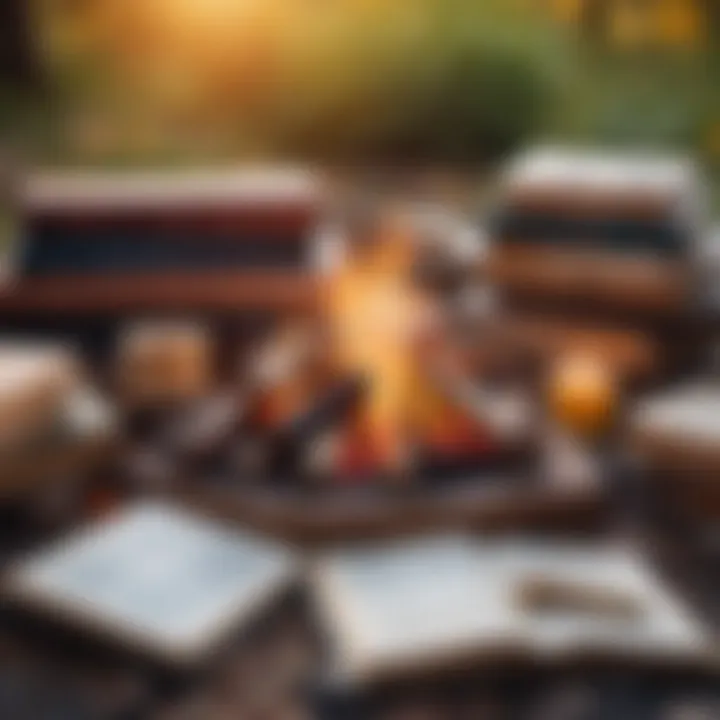 A cozy campfire setting with books, symbolizing warmth and community through literature.