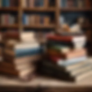 A diverse collection of books on a rustic wooden table, showcasing literary variety.