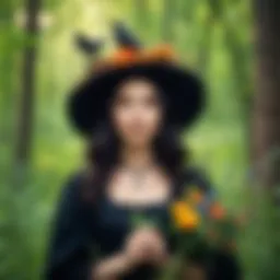 A whimsical representation of a witch surrounded by nature