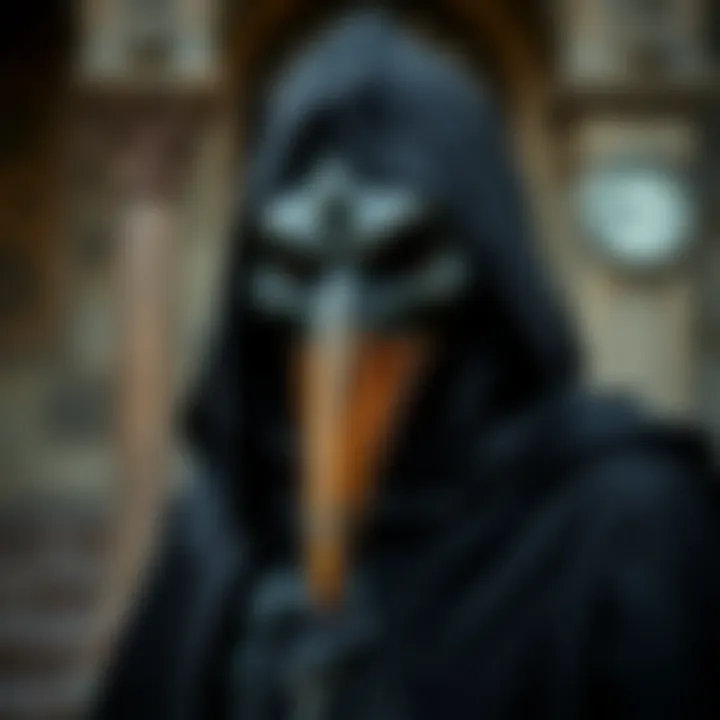 A haunting depiction of the Plague Doctor in full attire, showcasing the iconic beak mask and cloak.