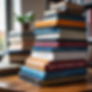 Diverse Literary Treasures A collection of modern books stacked artistically on a table