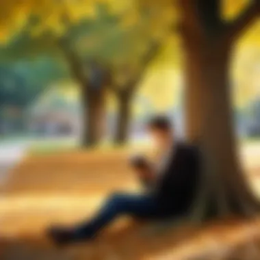 A quiet park scene with a reader engrossed in a novel under a tree