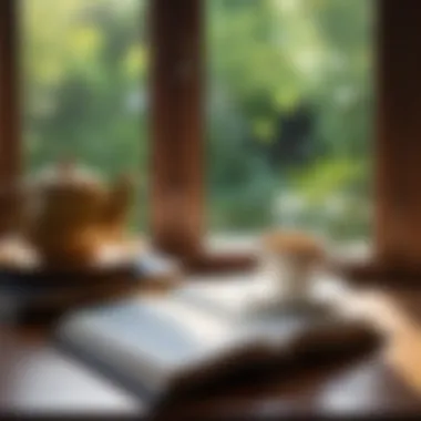 A Tranquil Space for Reflection A serene reading nook with an open book and a warm cup of tea