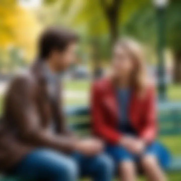 A couple sitting on a park bench, engrossed in conversation