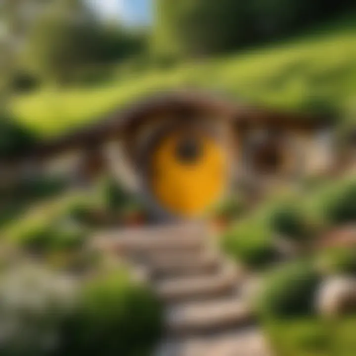 A cozy hobbit hole nestled in the hillside, displaying unique architectural features