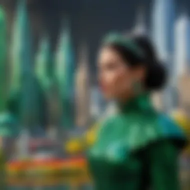 Cultural Art Interpretations of Emerald City A depiction of cultural interpretations of Emerald City in various forms of art, including paintings and sculptures