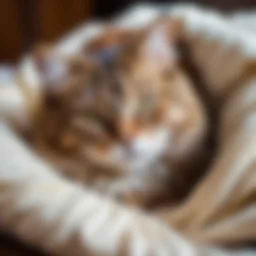 A cozy scene of a cat curled up on a soft blanket, radiating warmth and comfort.