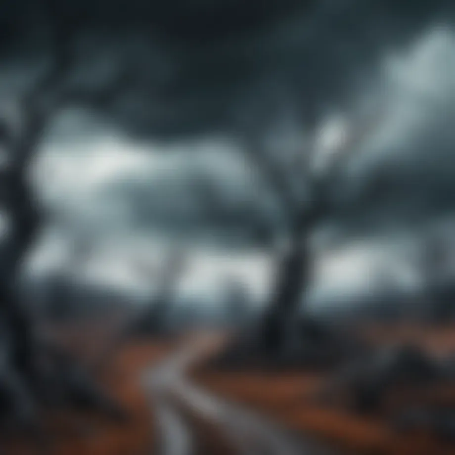 A dark fantasy landscape with ominous clouds and a twisted tree.