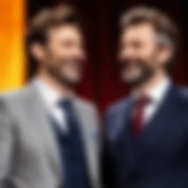 A candid moment of David Tennant and Michael Sheen sharing laughter on stage during a performance.