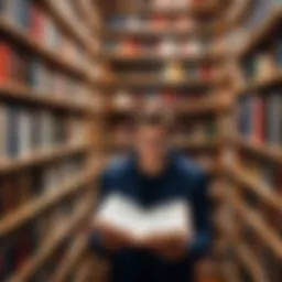 A person immersed in a book surrounded by bookshelves