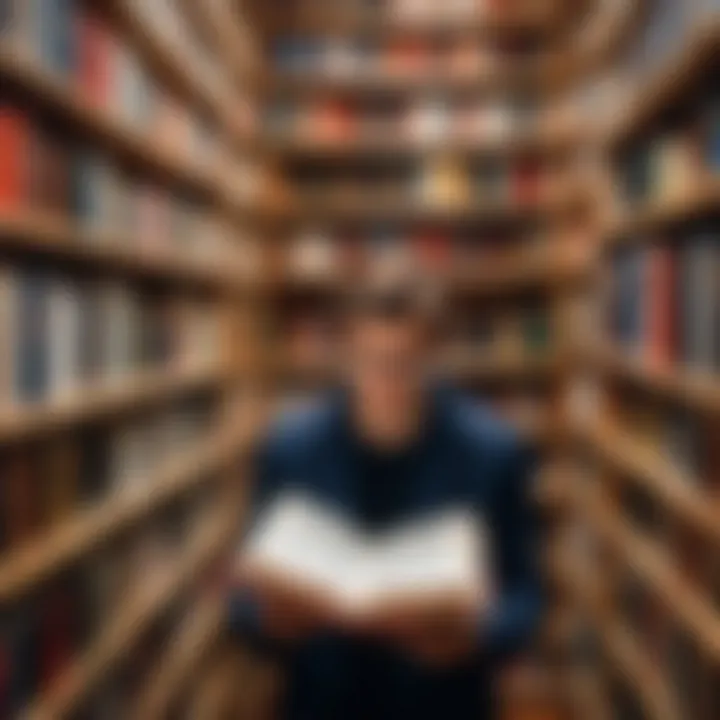 A person immersed in a book surrounded by bookshelves