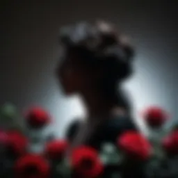 A shadowy figure intertwined with dark roses, symbolizing passion and melancholy.