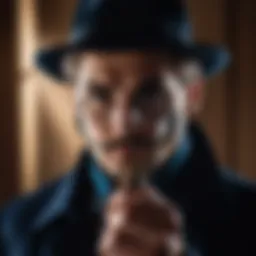 A mysterious detective with a magnifying glass immersed in the shadows.
