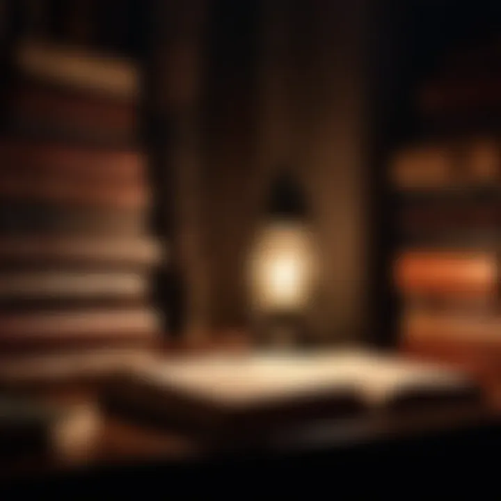 A dark, atmospheric scene symbolizing mystery and suspense in detective novels