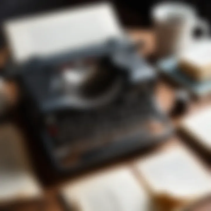 A vintage typewriter with pages of a detective story scattered around