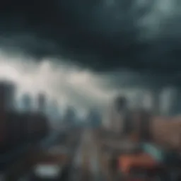 A dystopian landscape depicting a bleak city skyline with dark clouds