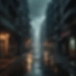 A dystopian cityscape shrouded in darkness